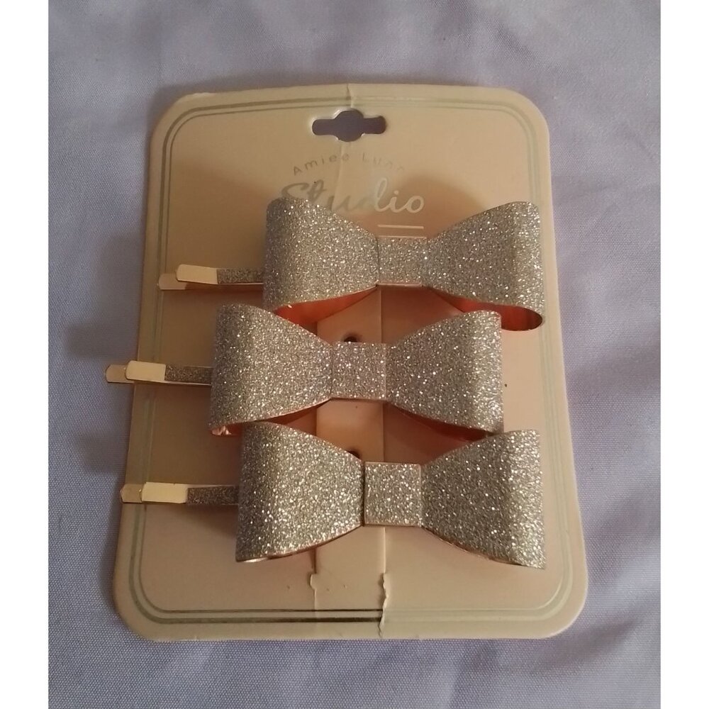 Aimee Lynn Studio Glitter Bow Hair Clips Bobby Pins Set Of 3 Sparkling Gold